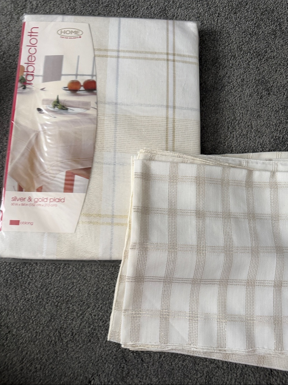 Vintage HOME for the holidays Silver & Gold Plaid Tablecloth-Oblong 60x84